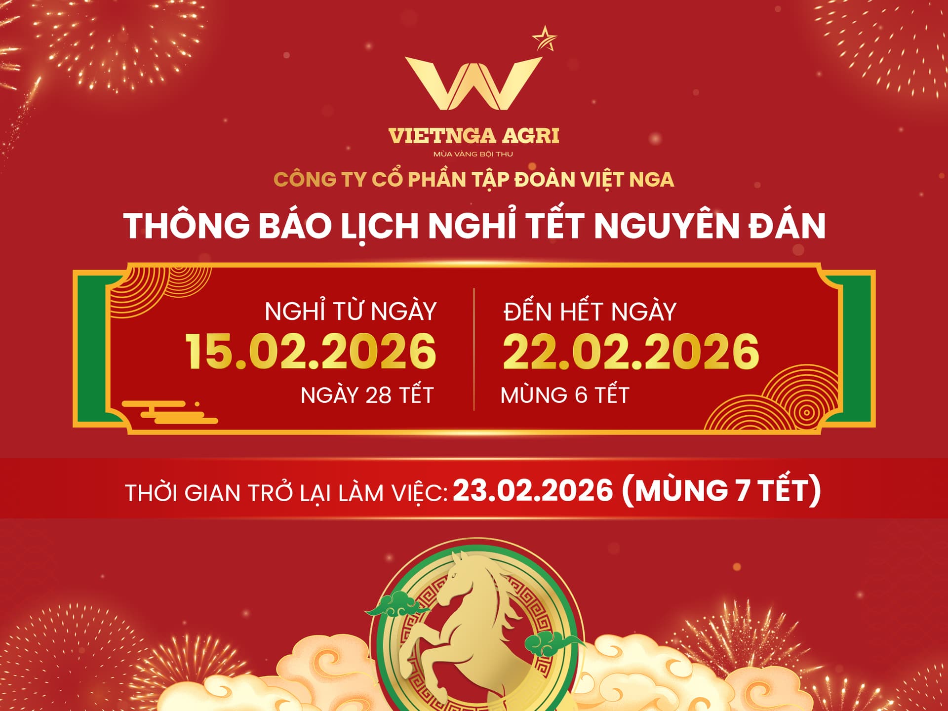 Thông báo lịch nghỉ Tết Nguyên Đán Bính Ngọ 2026 – Phân Bón Việt Nga