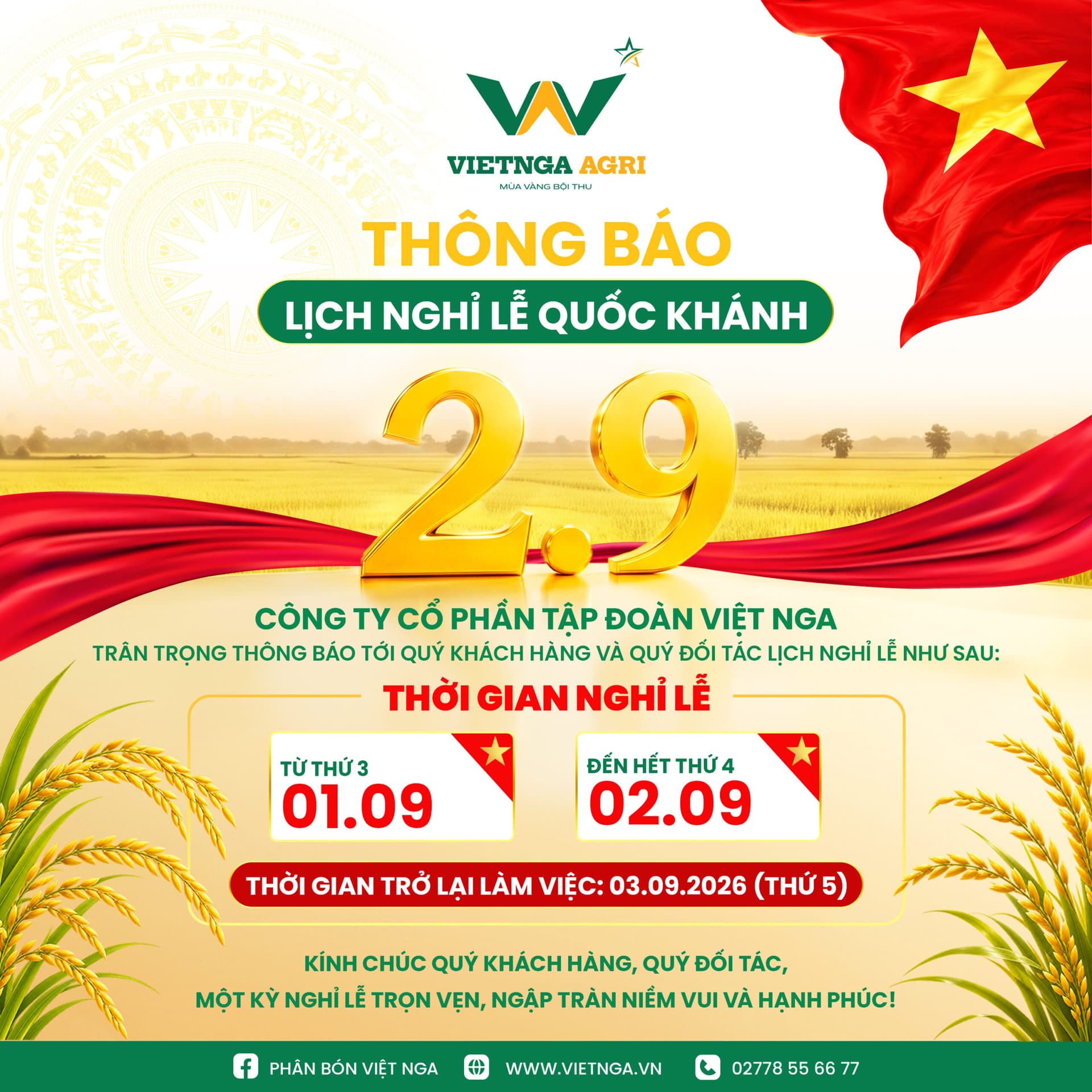 Viet Nga Fertilizer ជូនដំណឹងអំពីការឈប់សម្រាកបុណ្យទិវាជាតិ 02/09/2026