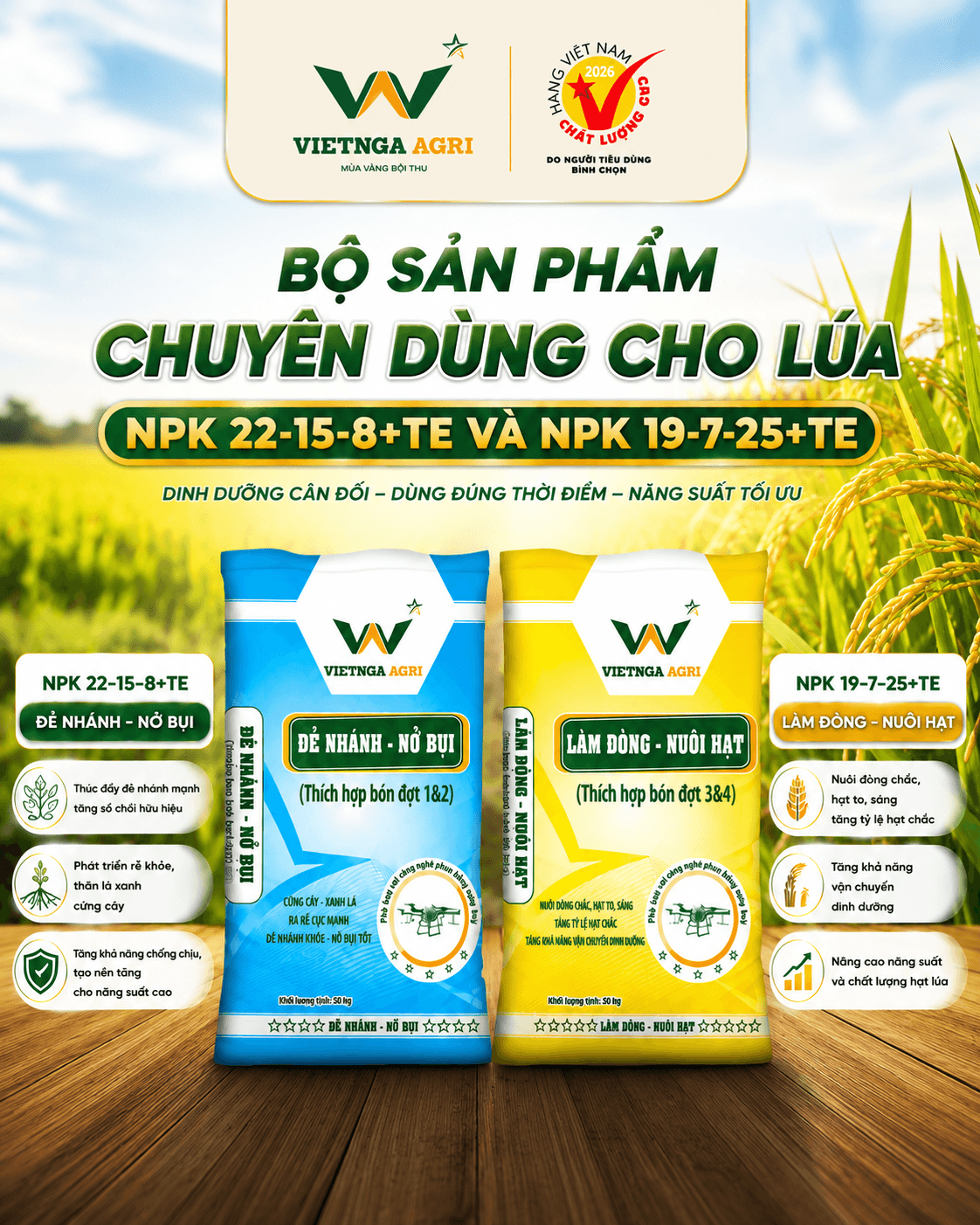 សំណុំជីប្រើពិសេសសម្រាប់ស្រូវ Viet Nga 22-15-8+TE និង 19-7-25+TE – ដំណោះស្រាយអាហារូបត្ថម្ភតាមដំណាក់កាលលូតលាស់នីមួយៗ
