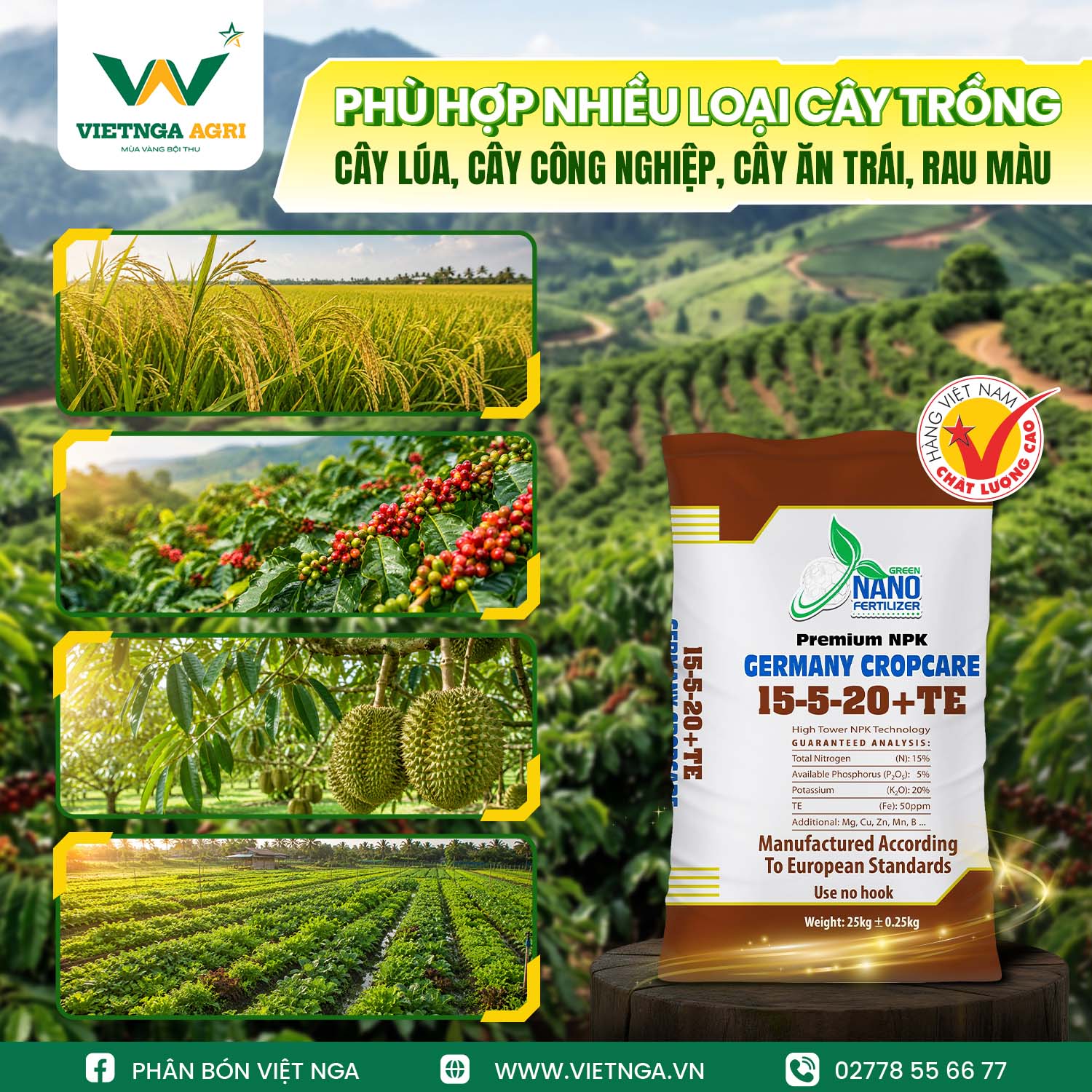 NPK 15-5-20+TE phù hợp cho cây công nghiệp và cây ăn trái