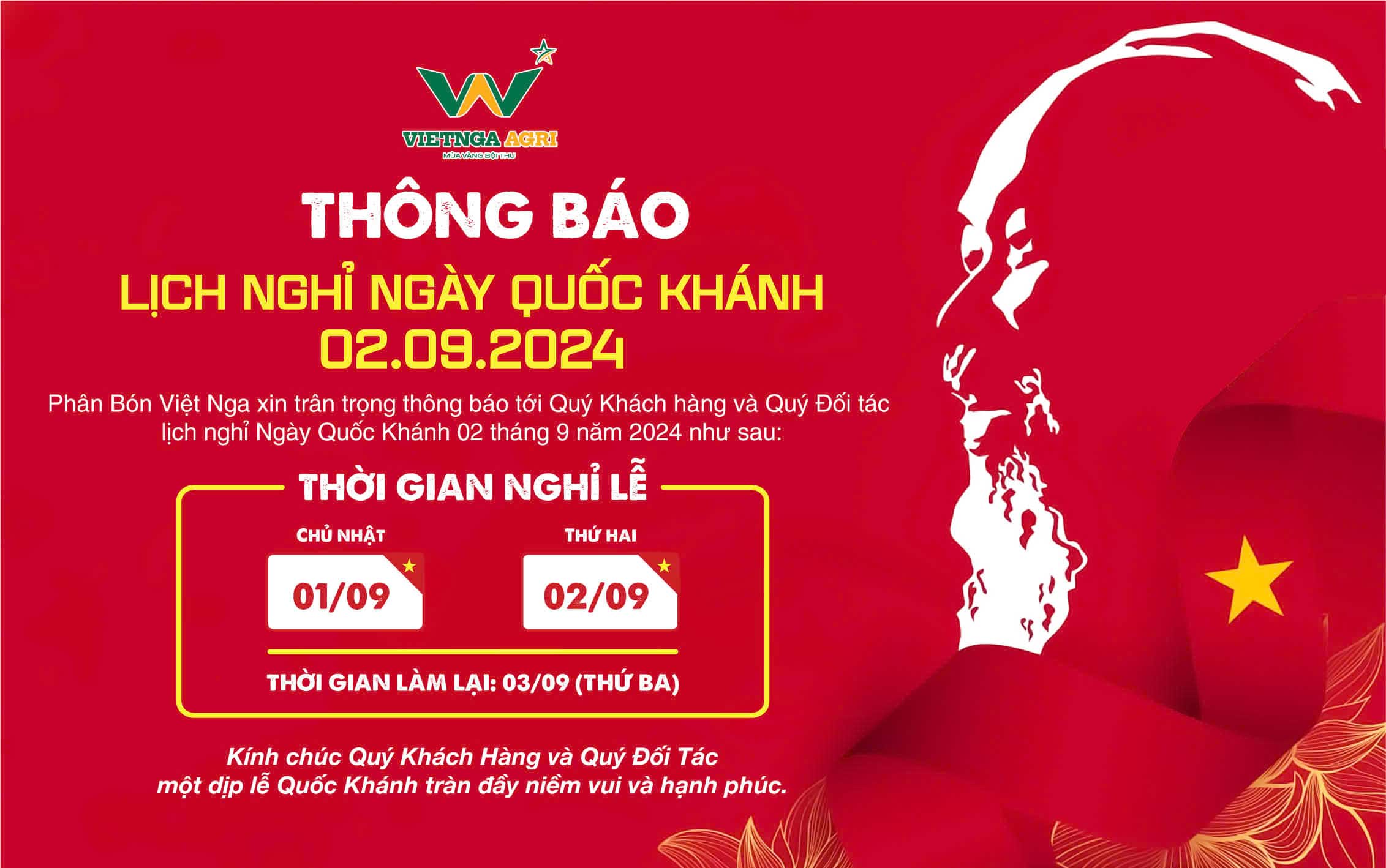 Lịch nghỉ lễ 2/9 Phân Bón Việt Nga