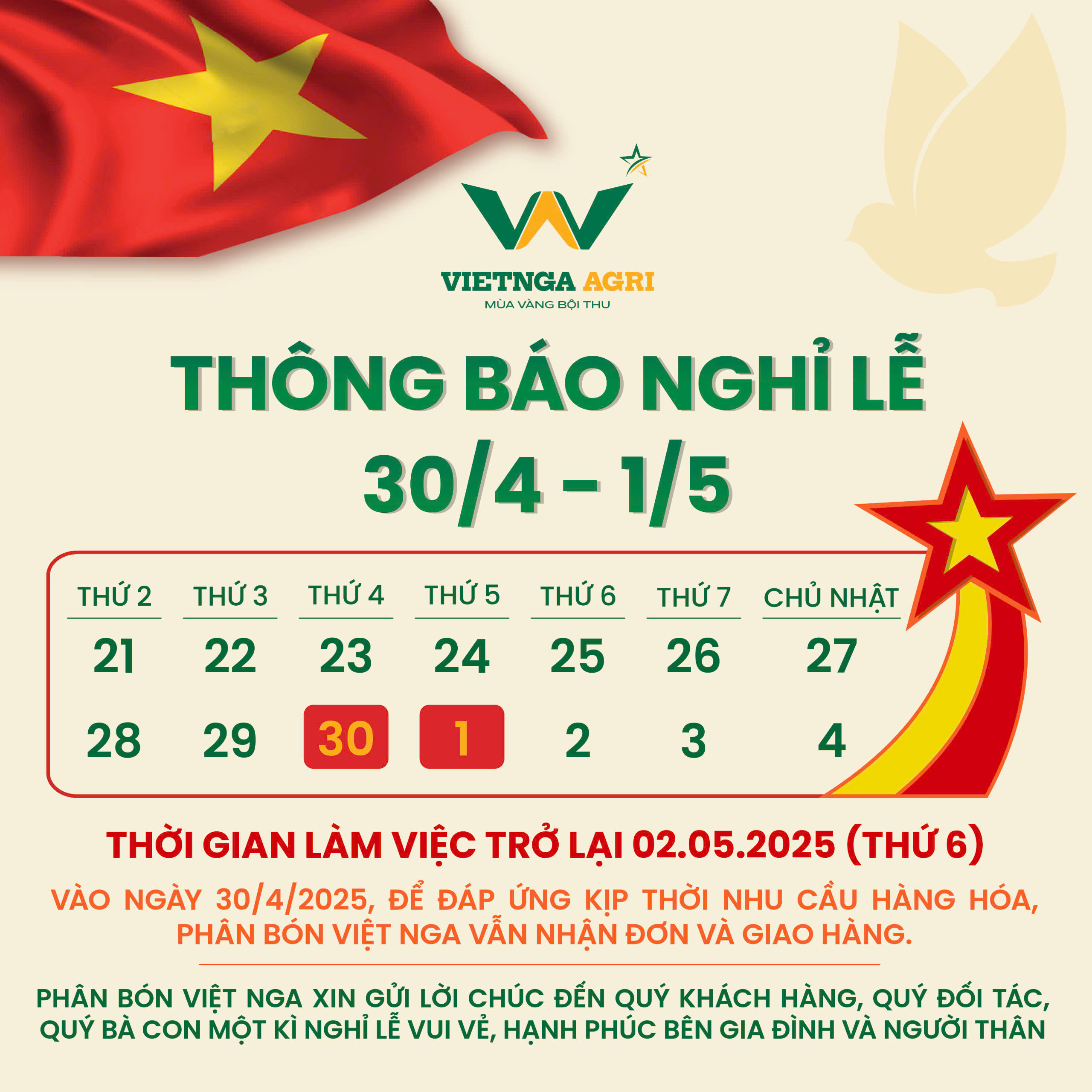 thông báo nghỉ lễ 30/4-1/5