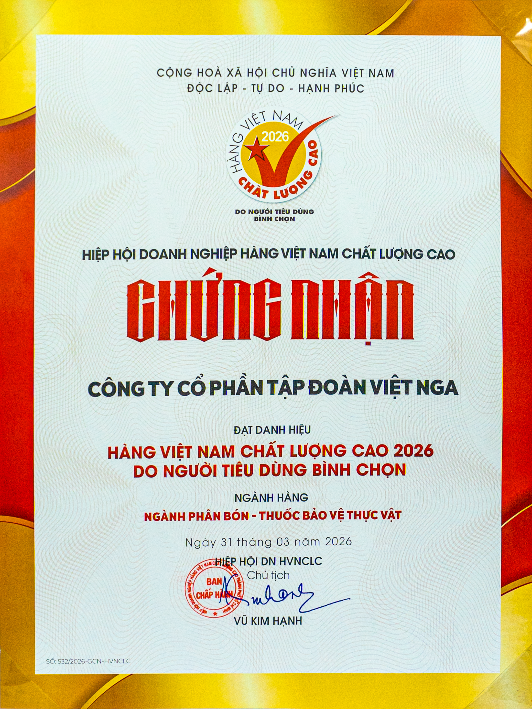 Chứng nhận Hàng Việt Nam Chất Lượng Cao 2026